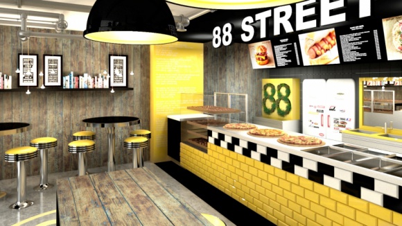 Wnętrze w amerykańskim stylu BIZNES, Media i PR - Nowy lokal 88th Street będzie nie tylko odróżniać duży wybór burgerów, hot-dogów i pizzy, ale także oryginalne wnętrze inspirowane nowojorską stacją metra. Lokal zaprojektowany przez Forbis Group powstanie na dworcu PKP Kraków.