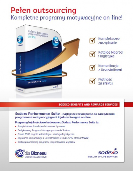 Wiosna z platformą Sodexo Performance Suite BIZNES, Media i PR - Z początkiem kwietnia wystartowała kampania reklamowa firmy Sodexo Benefits and Rewards Services związana z ofertą kategorii Lojalność i Motywacja w Biznesie. Wiosenne działania skupiają się na promocji platformy dostępnej online Sodexo Performance Suite.