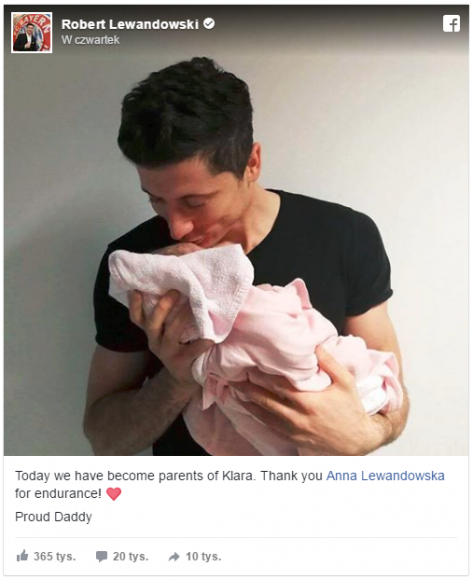 Jeden post Roberta Lewandowskiego na Facebooku wart pół miliona złotych BIZNES, Media i PR - W ciągu niecałych 24 godzin od opublikowania na facebookowej stronie Roberta Lewandowskiego posta informującego o tym, że został ojcem, zdobył on już ponad 400 tysięcy interakcji. By osiągnąć taki wynik, reklamodawca musiałby wydać pół miliona złotych!