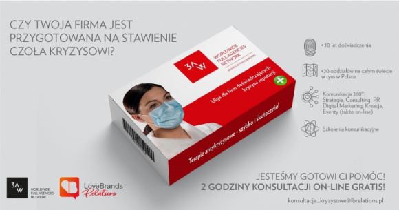 Usługa antykryzysowa-LoveBrands Relations oferuje 2h darmowych konsultacji BIZNES, Media i PR - Sieć 3AW i LoveBrands Relations promują swoje usługi antykryzysowe kampanią w kanałach społecznościowych. W Polsce LoveBrands Relations oferuje do 2h konsultacji on-line gratis
