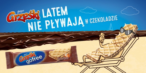 Grześki latem nie pływają w czekoladzie! BIZNES, Media i PR - W okresie wakacyjnym marka Grześki wzmacnia komunikację oferty wafli bez polewy, jako idealnej przekąski w upalne dni. W czerwcu w zasięgowych mediach realizowana będzie kampania reklamowa pod hasłem „Grześki latem nie pływają w czekoladzie”.