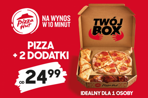 Nowość w Pizza Hut – Twój Box, czyli pizza i 2 dodatki Przemysł spożywczy, BIZNES - Pizza Hut wprowadziło właśnie nową ofertę, Twój Box, w ramach której klienci otrzymają zestaw idealny składający się z ulubionej pizzy i dwóch dodatków. Twój Box to odpowiedź na nową rzeczywistość, w której coraz więcej osób poszukuje okazji, żeby mieć pizzę tylko dla siebie.